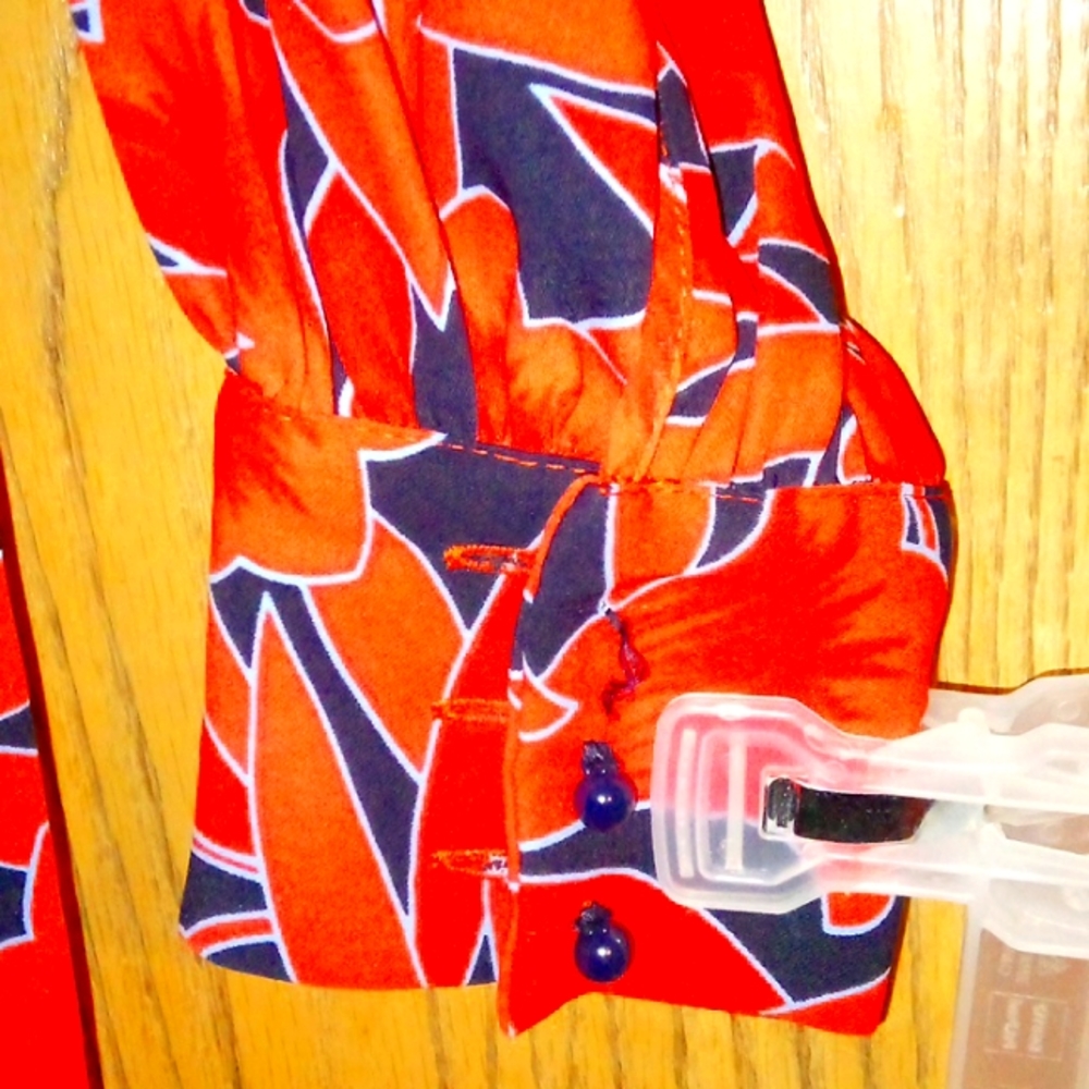 Dark blue/ReD flower pattern W/ button up ruffled collar long sleeve shirt dress - Picture 3 of 6